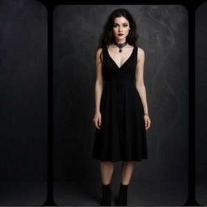 Maggy London Vintage Black Witchy Whimsigoth V-Neck Front Tie Midi Dress Size 12
